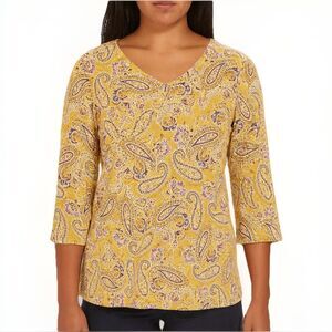 J. Jill Pima Cotton 3/4 Sleeve V-Neck Tee Mustard Yellow Paisley Size L Women’s